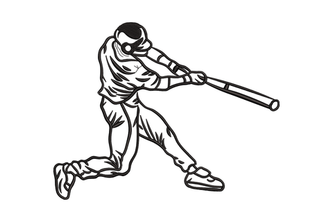Baseball batter line art embroidery, batter in full swing crouching stance with bat extended, single black outline