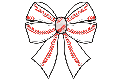 Baseball bow embroidery design showing white baseball with red curved seam lines and decorative satin bow, 3-colour sporty style on white background.