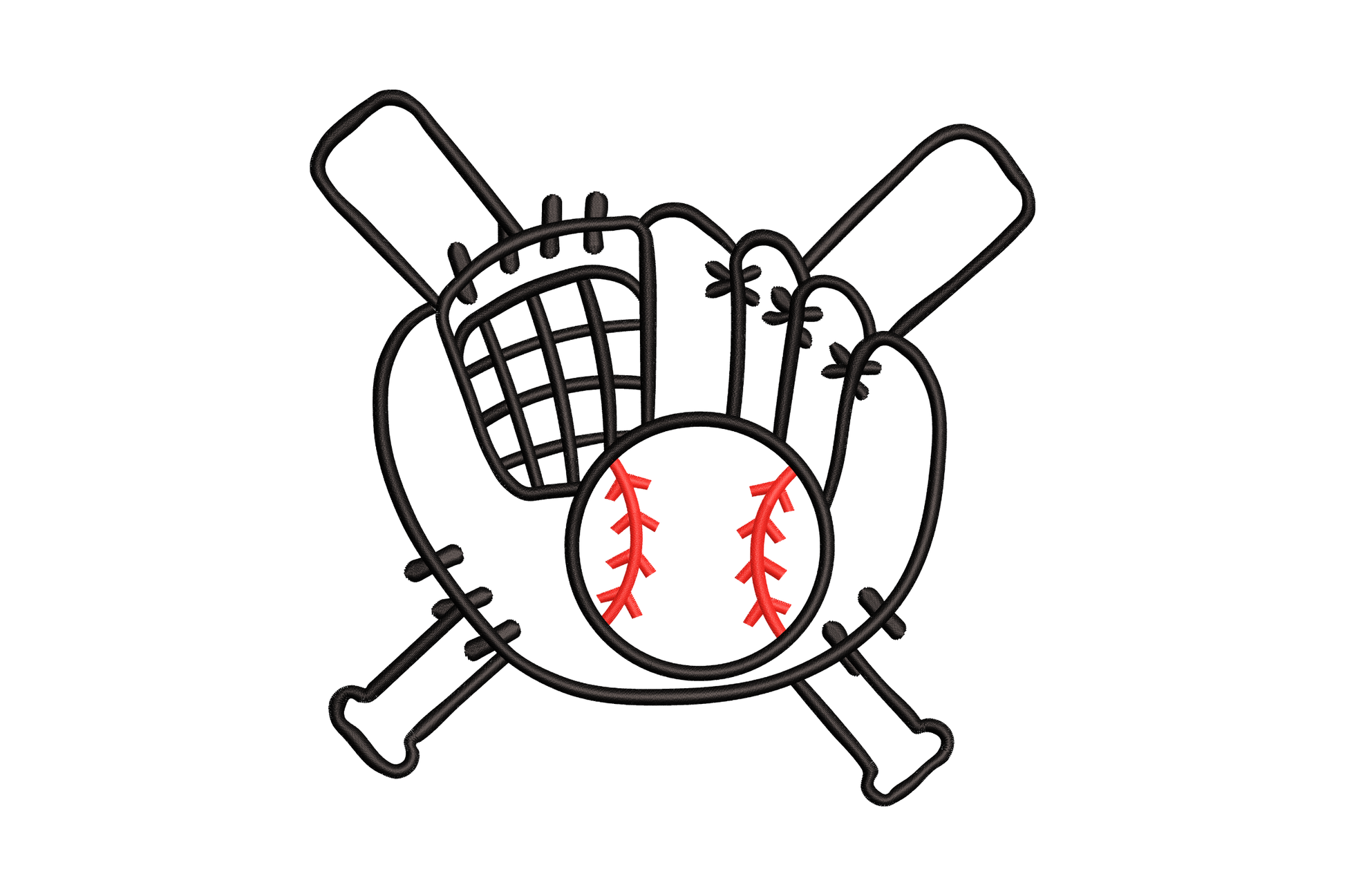 Baseball catcher mask with crossed bats and baseball embroidery design in black and red outline style