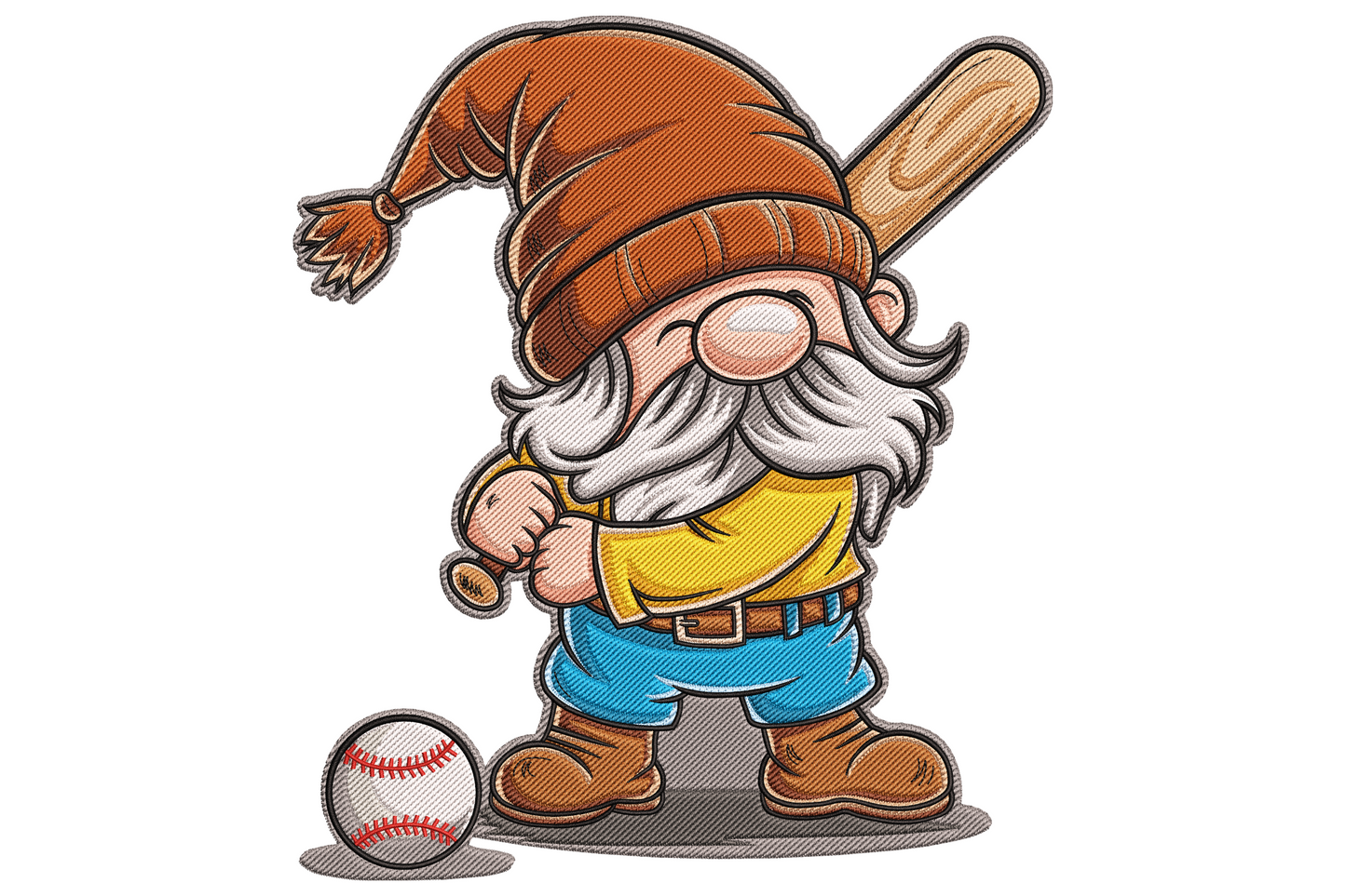 Baseball gnome embroidery design with red cap, white beard, brown glove holding a tan baseball, wooden bat and pinstripe pants for sports apparel.