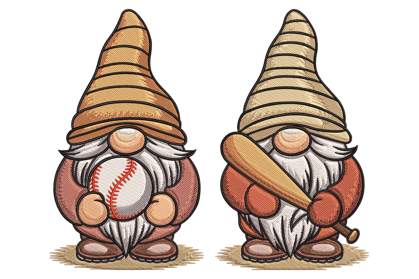 Baseball gnomes embroidery set of three with cream beards, navy hats, holding a bat, mitt with ball and a catcher pose