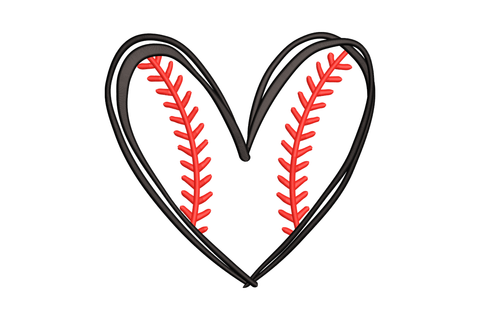 Baseball heart embroidery design, heart shape with black satin outline and red baseball seam stitch lines inside each half
