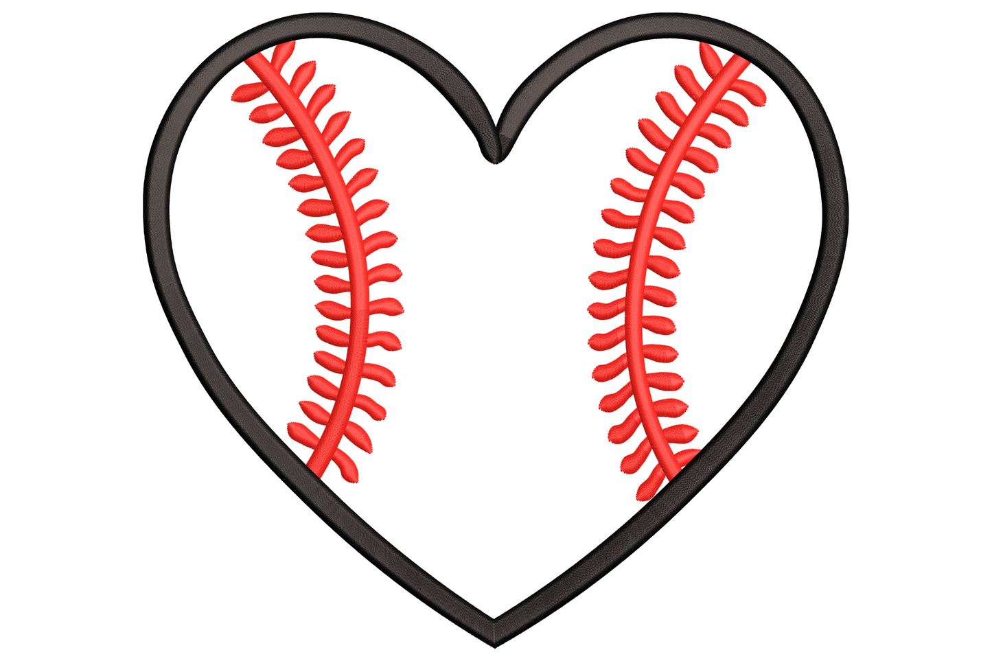 Baseball heart embroidery design with white heart shape, red curved seam lines and black outline, baseball lover sports design, 9 sizes.