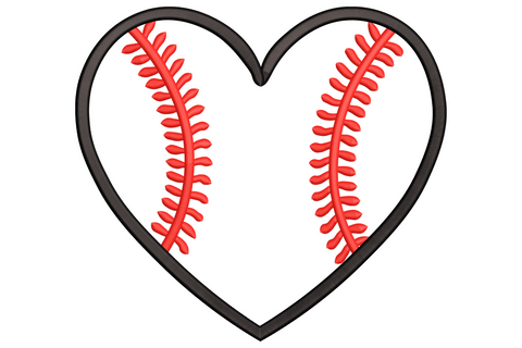 Baseball heart embroidery design with white heart shape, red curved seam lines and black outline, baseball lover sports design, 9 sizes.