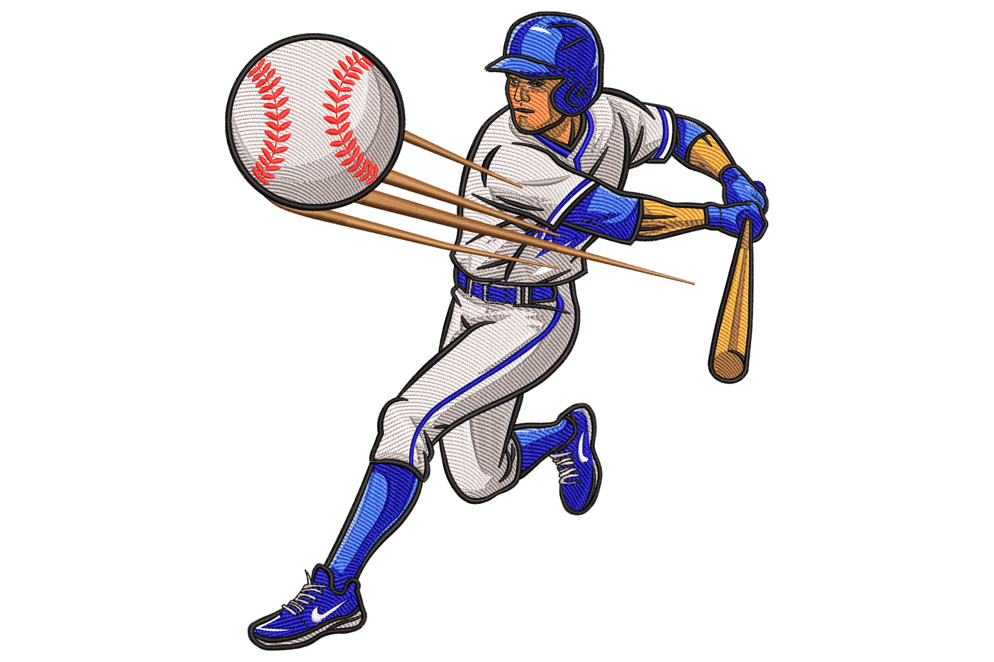 Baseball hitter embroidery mid-swing in blue and white uniform with flying ball and motion lines streaking off-frame.