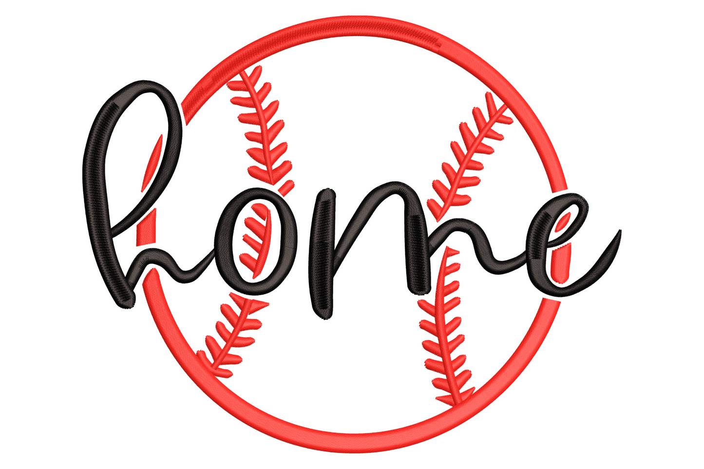 Baseball home embroidery design with bold black cursive script layered over a red-stitched baseball circle on white.