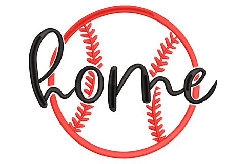 Baseball home embroidery design with bold black cursive script layered over a red-stitched baseball circle on white.