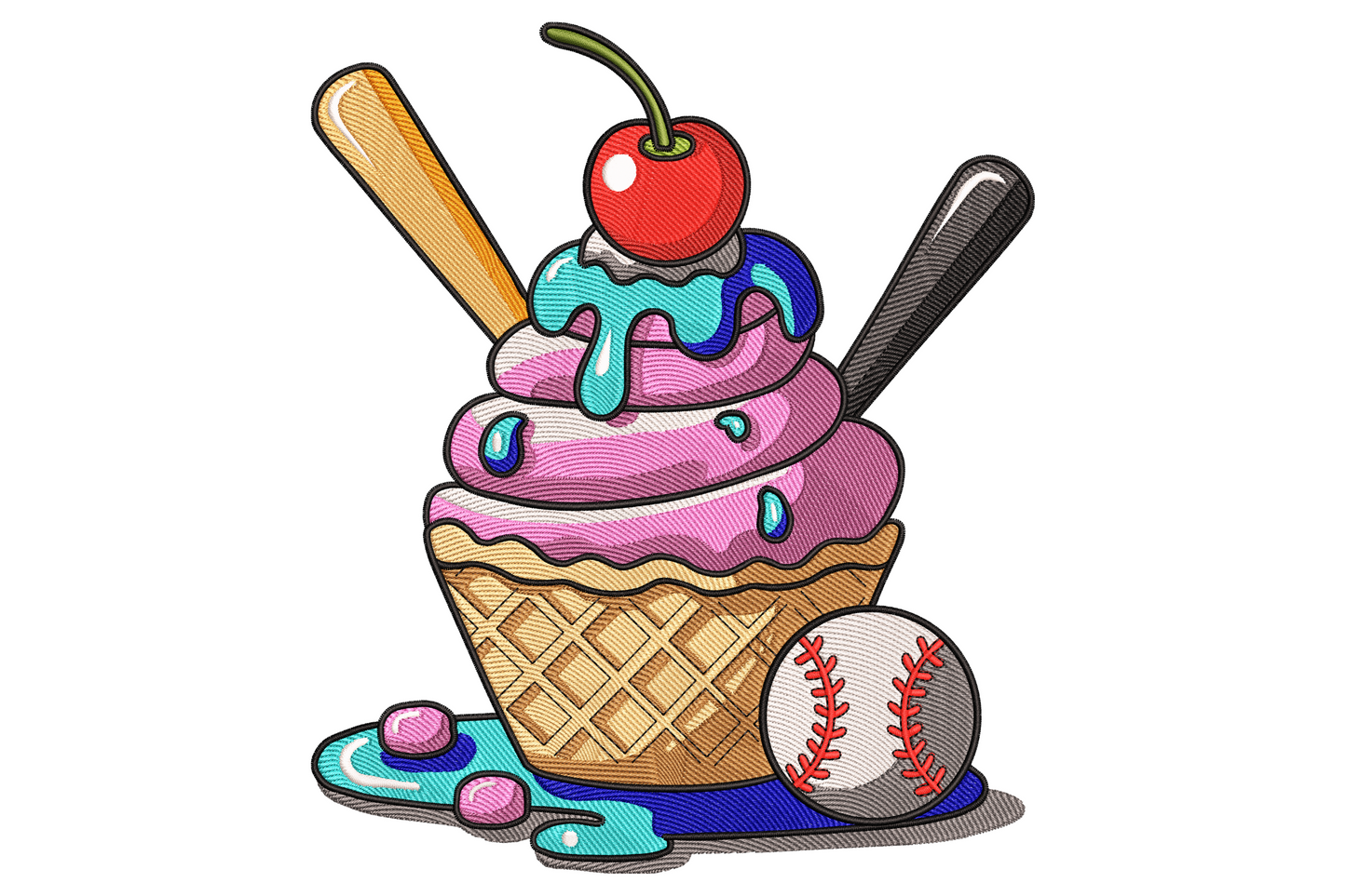Baseball ice cream sundae embroidery design, pink scoops in a waffle cup with cherry on top and a small white baseball.