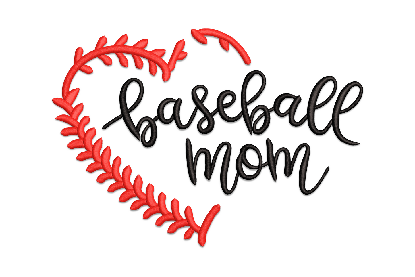 Baseball mom heart embroidery design with red baseball lace outline heart and black cursive script, minimal two-colour design.