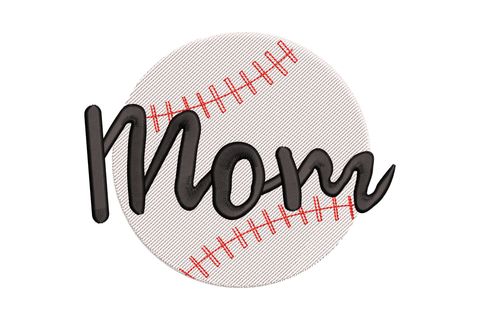Baseball Mom machine embroidery design with block lettering and red-seam baseball, 4 sizes from 2 to 4.5 inches, three-colour satin fill on dark sports fabric