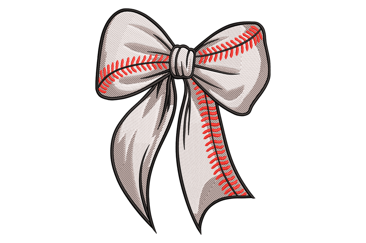 Baseball stitch bow embroidery design, off-white satin loops with red seam lines and bold black outline.