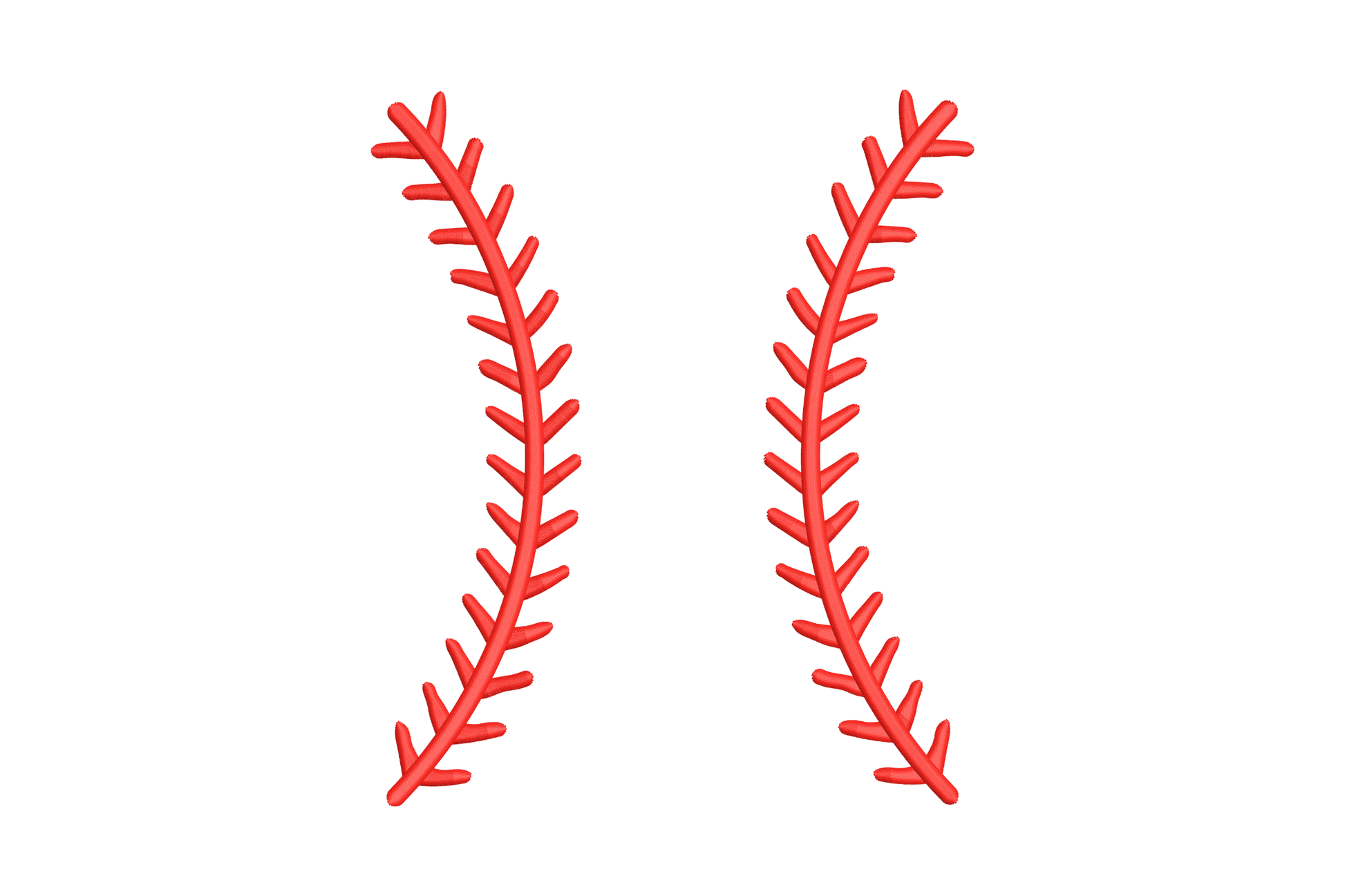 Baseball stitch outline embroidery, two curved red seam lines in X formation with no ball or fill, minimal sports design