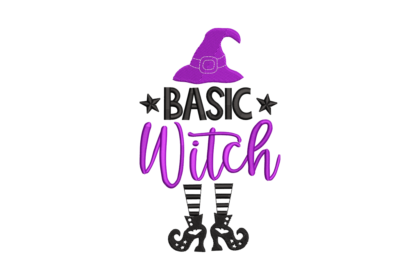 Basic Witch Halloween embroidery with purple witch hat, black BASIC lettering, purple script and black-and-white striped witch legs.