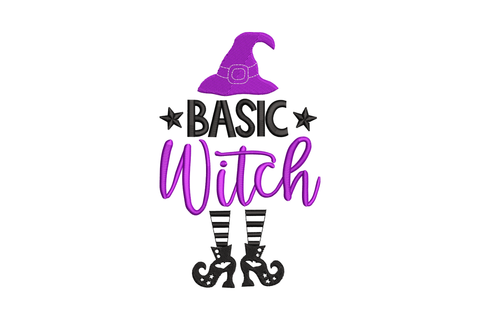 Basic Witch Halloween embroidery with purple witch hat, black BASIC lettering, purple script and black-and-white striped witch legs.