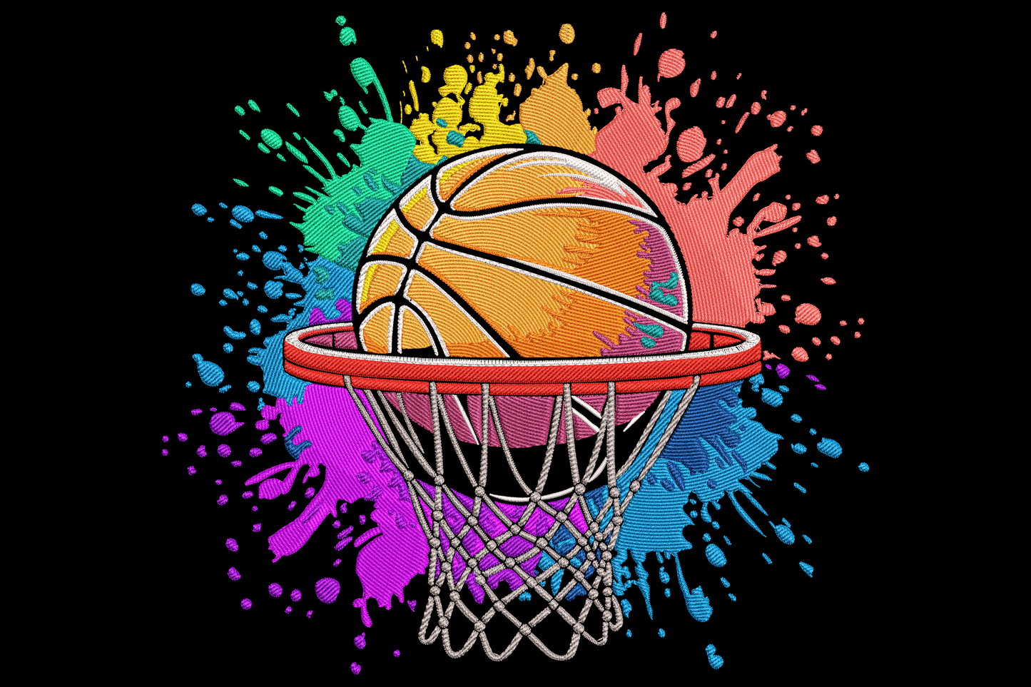 Basketball hoop splash embroidery design, orange ball mid-swish through a red rim with a rainbow paint splatter burst.