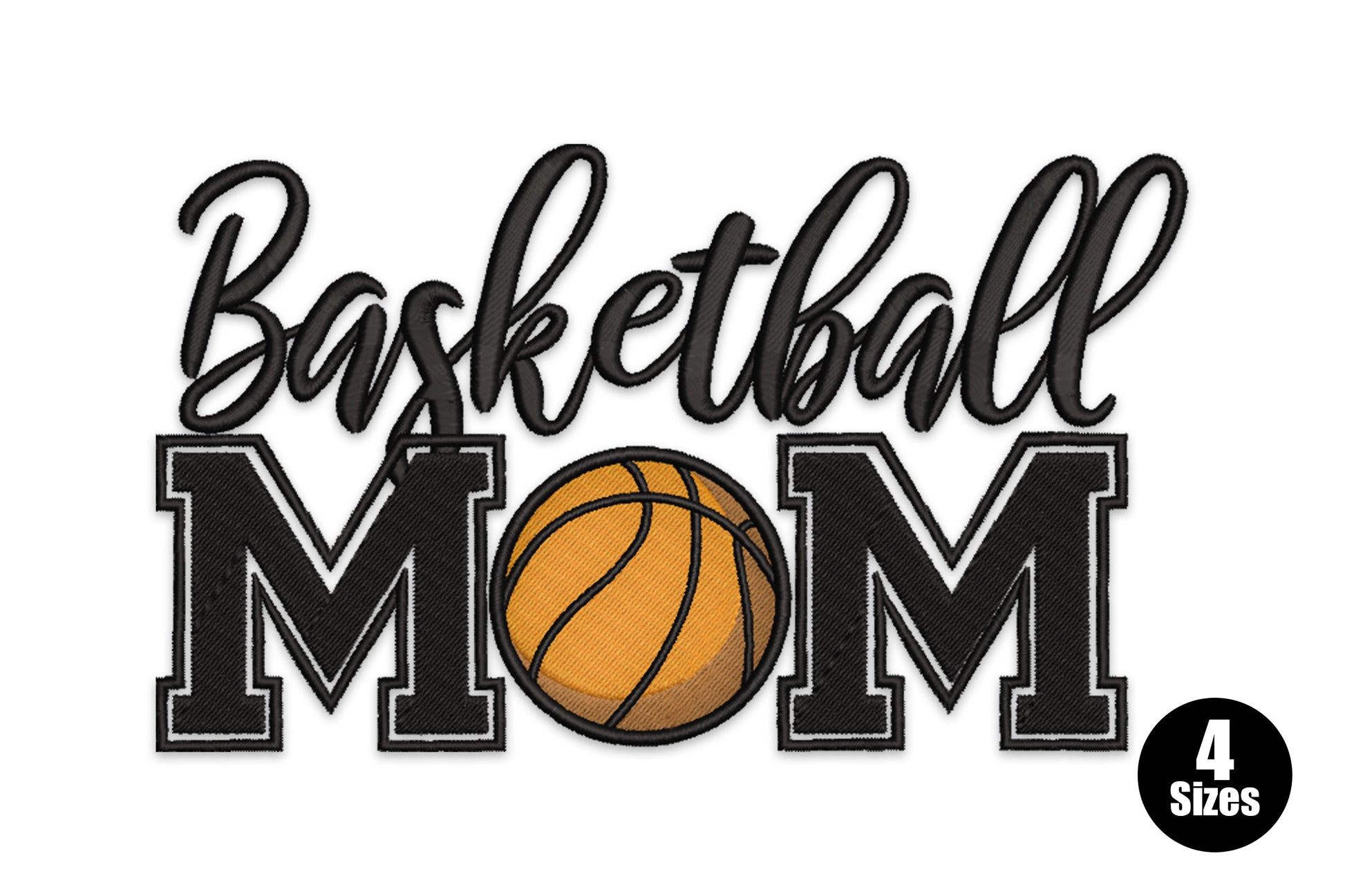 Basketball Mom embroidery design with cursive script on top and bold varsity MOM block letters with a basketball replacing the O.