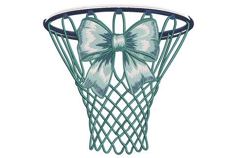 Basketball net with cheer bow embroidery, teal hoop and woven mesh net topped with a ruffled sage and mint cheerleader bow.