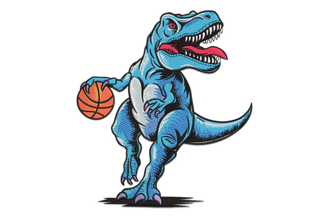 T-Rex dinosaur embroidery standing upright holding a basketball in tiny arms, blue scaly body with crosshatch texture, open jaw and orange ball, machine embroidery design on white background