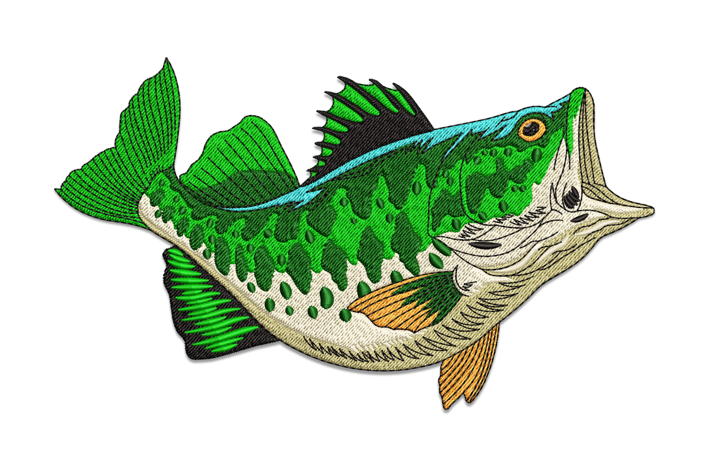 Largemouth bass fish embroidery design with olive green body, orange fins and aqua stripe in 7 colors