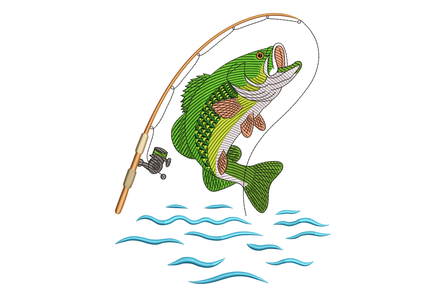 Illustration of a fish jumping out of water with a fishing rod, on a white background
