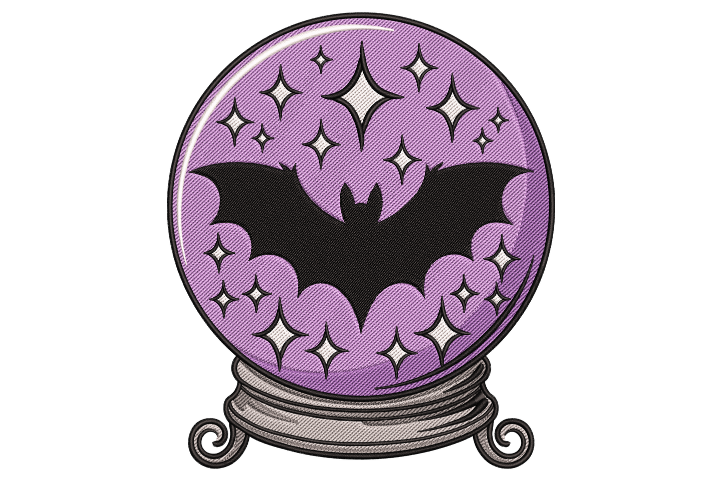 Bat crystal ball embroidery, lavender purple orb with black bat silhouette and white sparkle stars on grey base