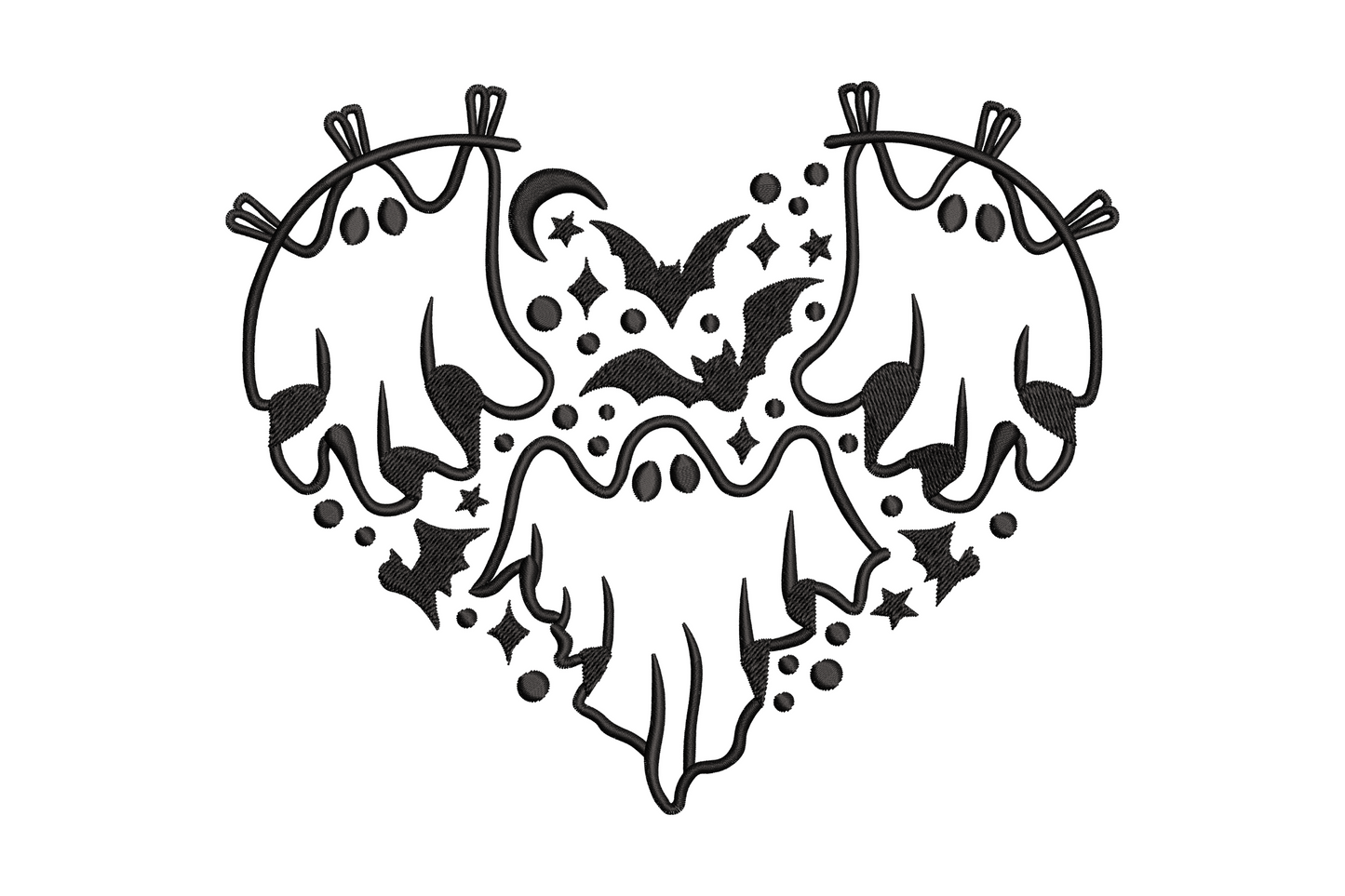 Bat heart halloween embroidery design, four bats wings forming heart shape, gothic diamond star fills, black thread