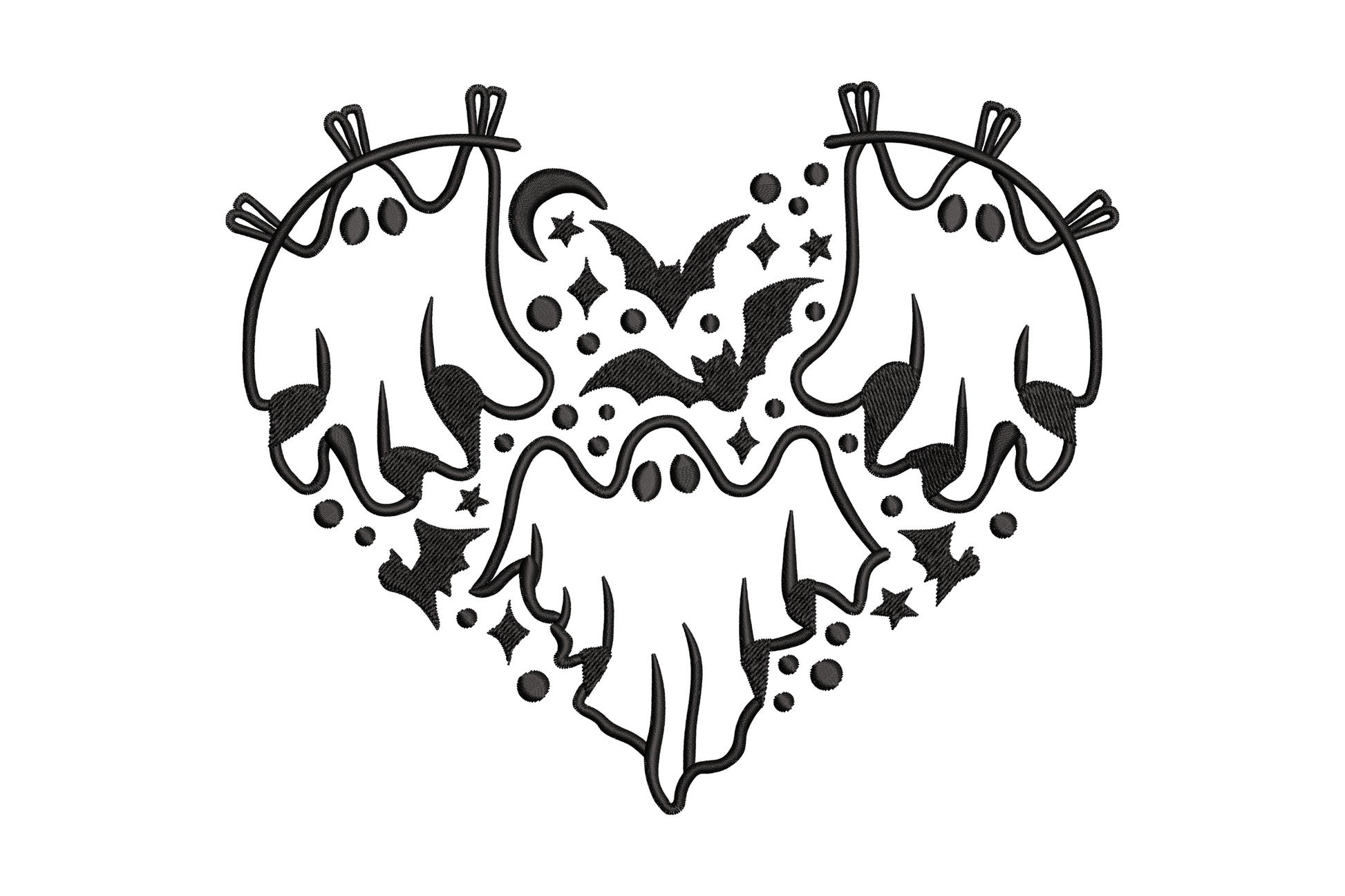 Bat heart halloween embroidery design, four bats wings forming heart shape, gothic diamond star fills, black thread