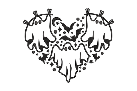 Bat heart halloween embroidery design, four bats wings forming heart shape, gothic diamond star fills, black thread