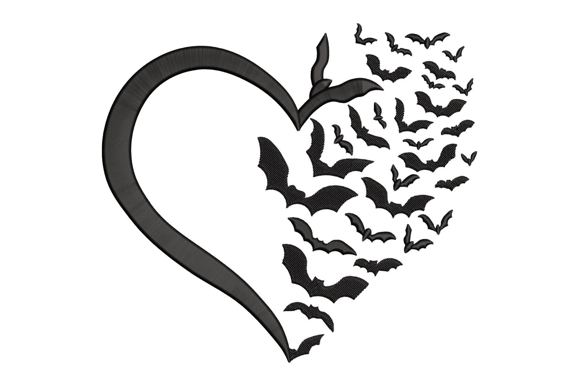 Machine embroidery design of a heart silhouette dissolving into flying bats, single colour black, halloween and gothic romance theme, 6 sizes