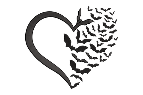 Machine embroidery design of a heart silhouette dissolving into flying bats, single colour black, halloween and gothic romance theme, 6 sizes
