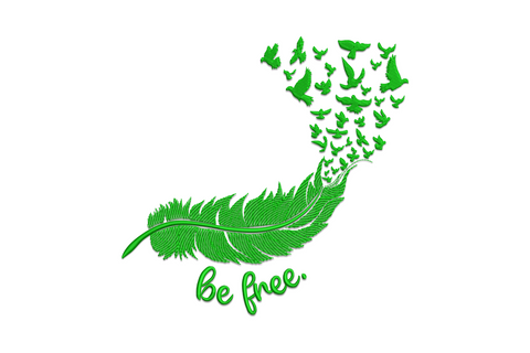 Be Free feather birds embroidery design, single colour, tall block lettering beside a detailed directional-stitch feather with flying bird silhouettes