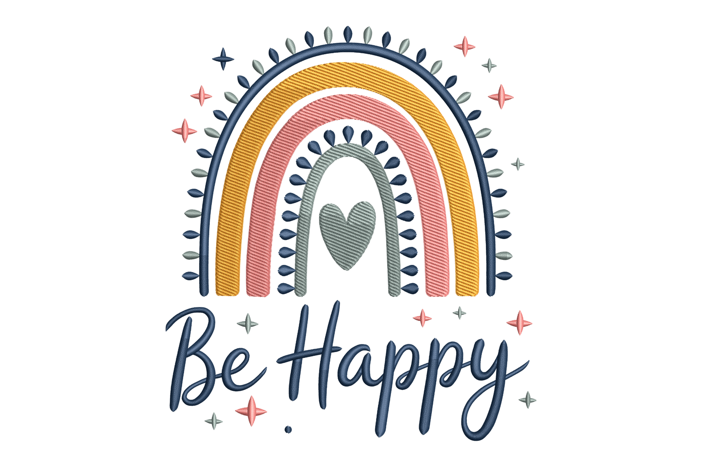 Colorful rainbow with a heart and 'Be Happy' text on a white background