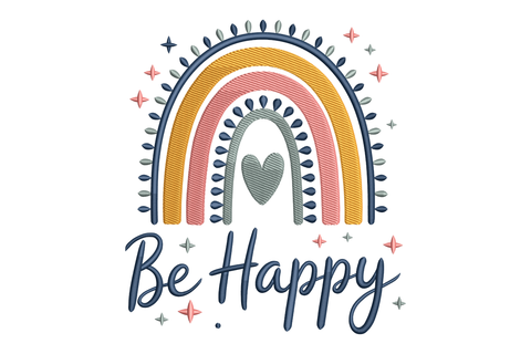 Colorful rainbow with a heart and 'Be Happy' text on a white background