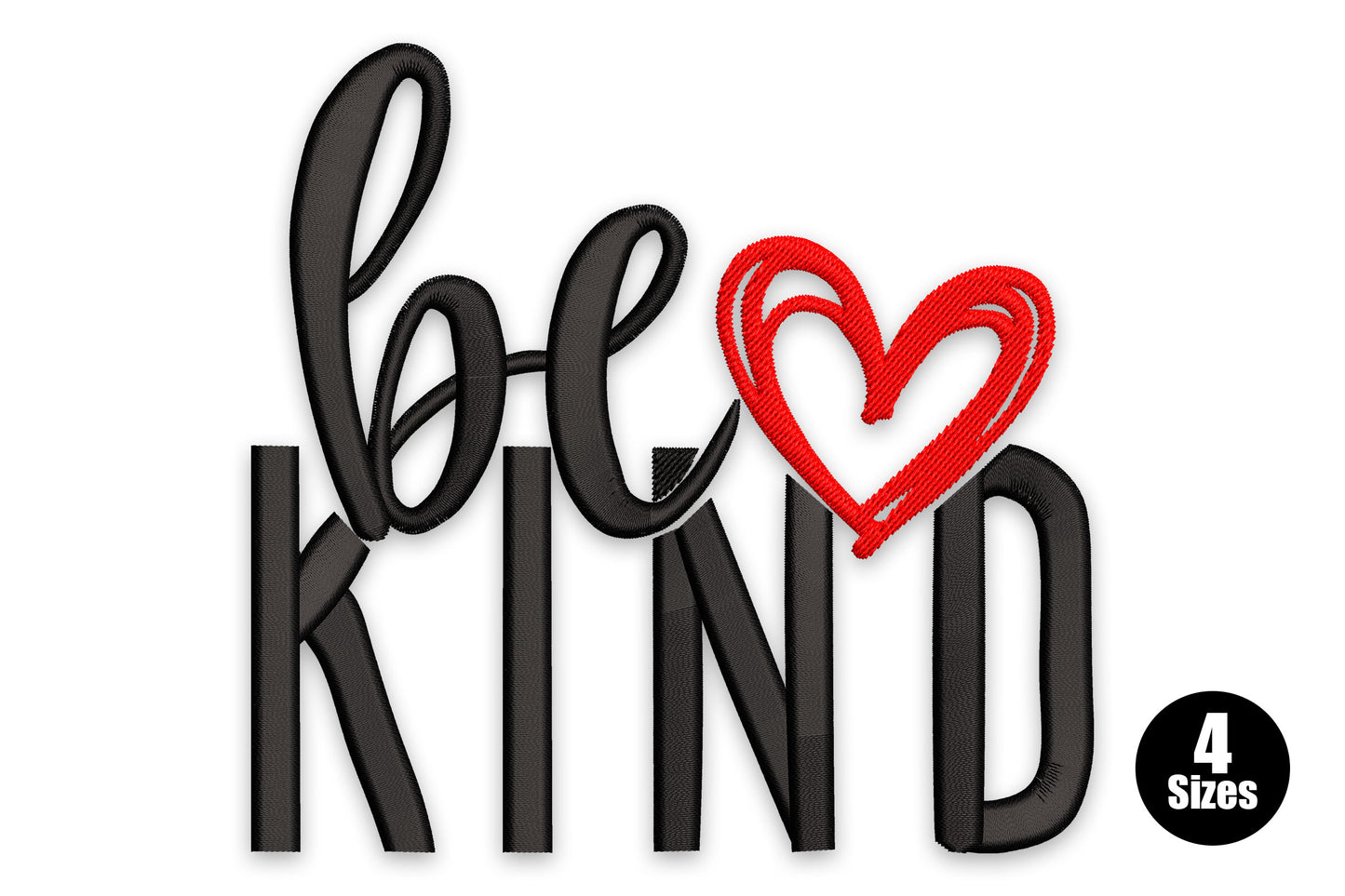 Be Kind embroidery design with cursive be over chunky block kind in black thread and a hand drawn red heart outline.