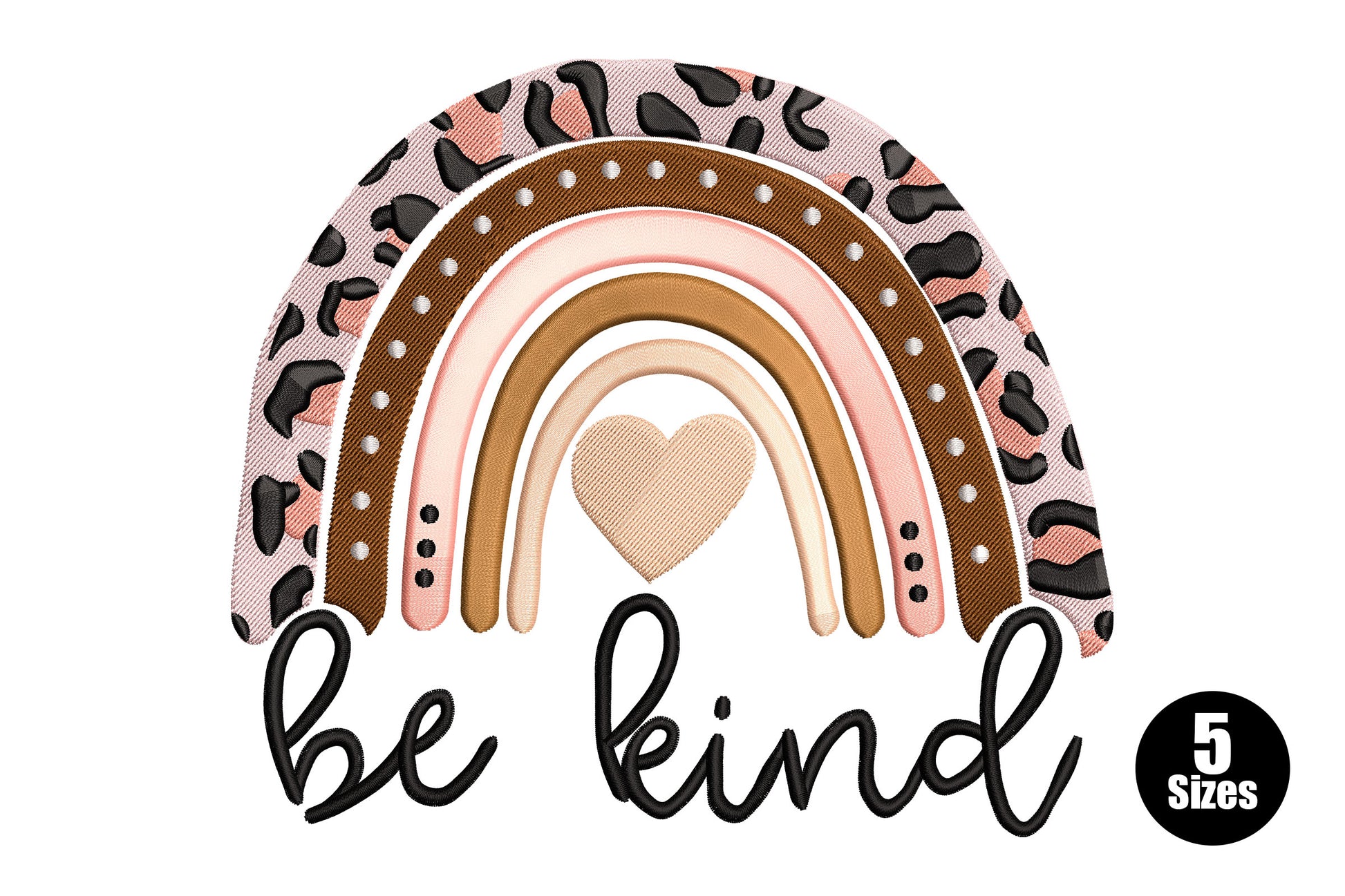 Be Kind rainbow embroidery, boho arch with leopard spots, polka dots, 4 colour bands and heart, 7 colours, 5 sizes 2.66 to 6.18 inches