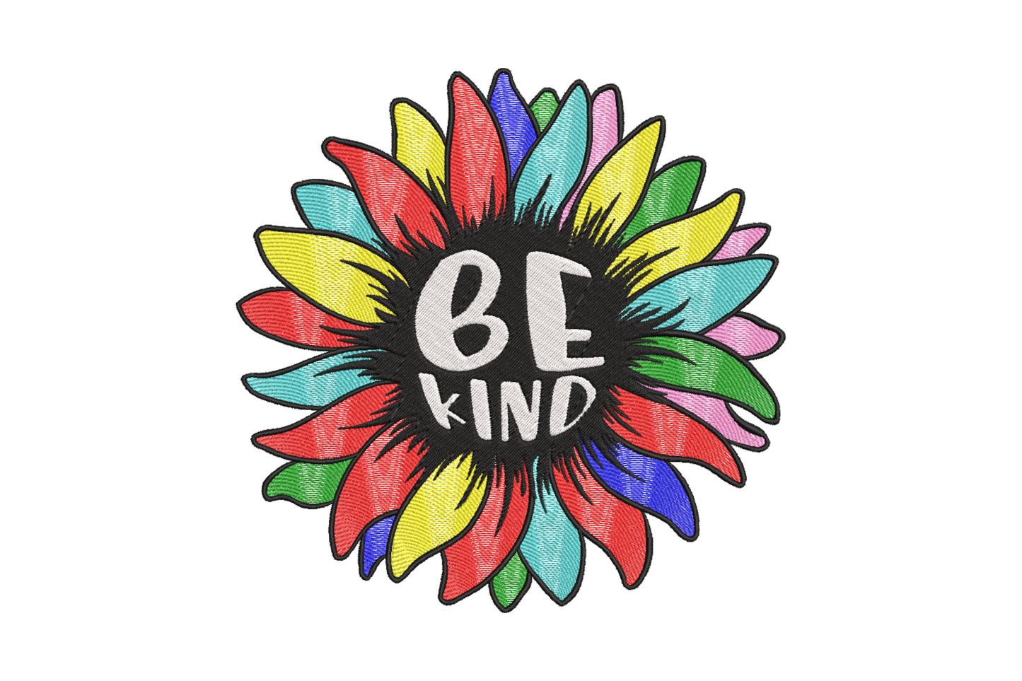 Be Kind sunflower embroidery design with yellow satin petals, red accents and bold lettering in eight colours on white fabric.