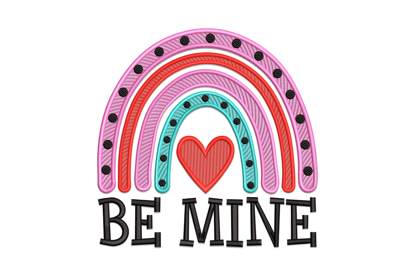 Be mine rainbow valentine embroidery design, rainbow arc with be mine text and scattered hearts, retro candy heart style, 4 colours