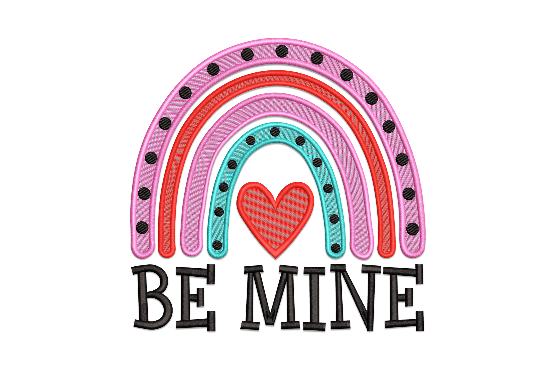Be mine rainbow valentine embroidery design, rainbow arc with be mine text and scattered hearts, retro candy heart style, 4 colours
