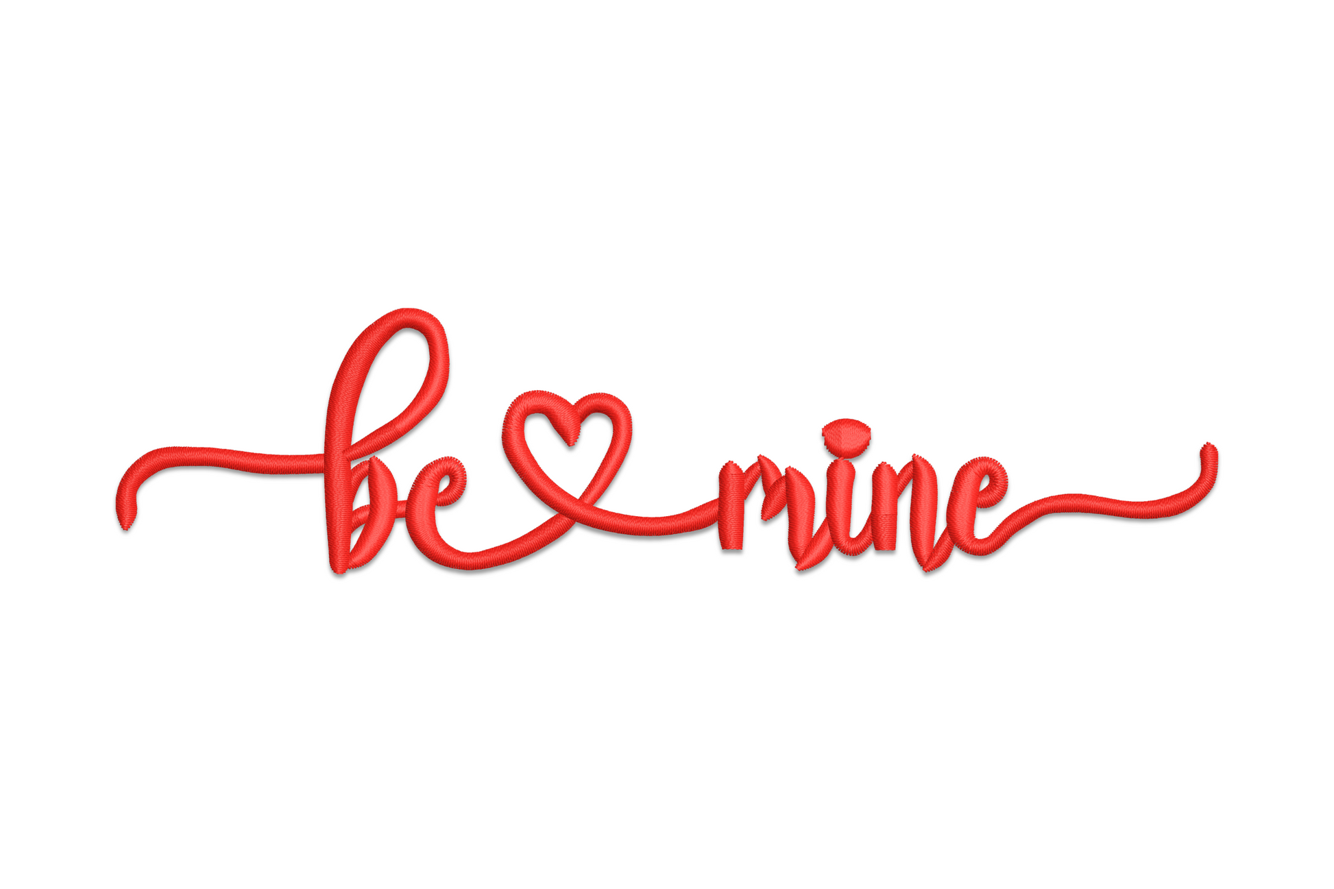 Be mine script embroidery in red cursive with a small outlined heart centred between the words and swash tails at each end.