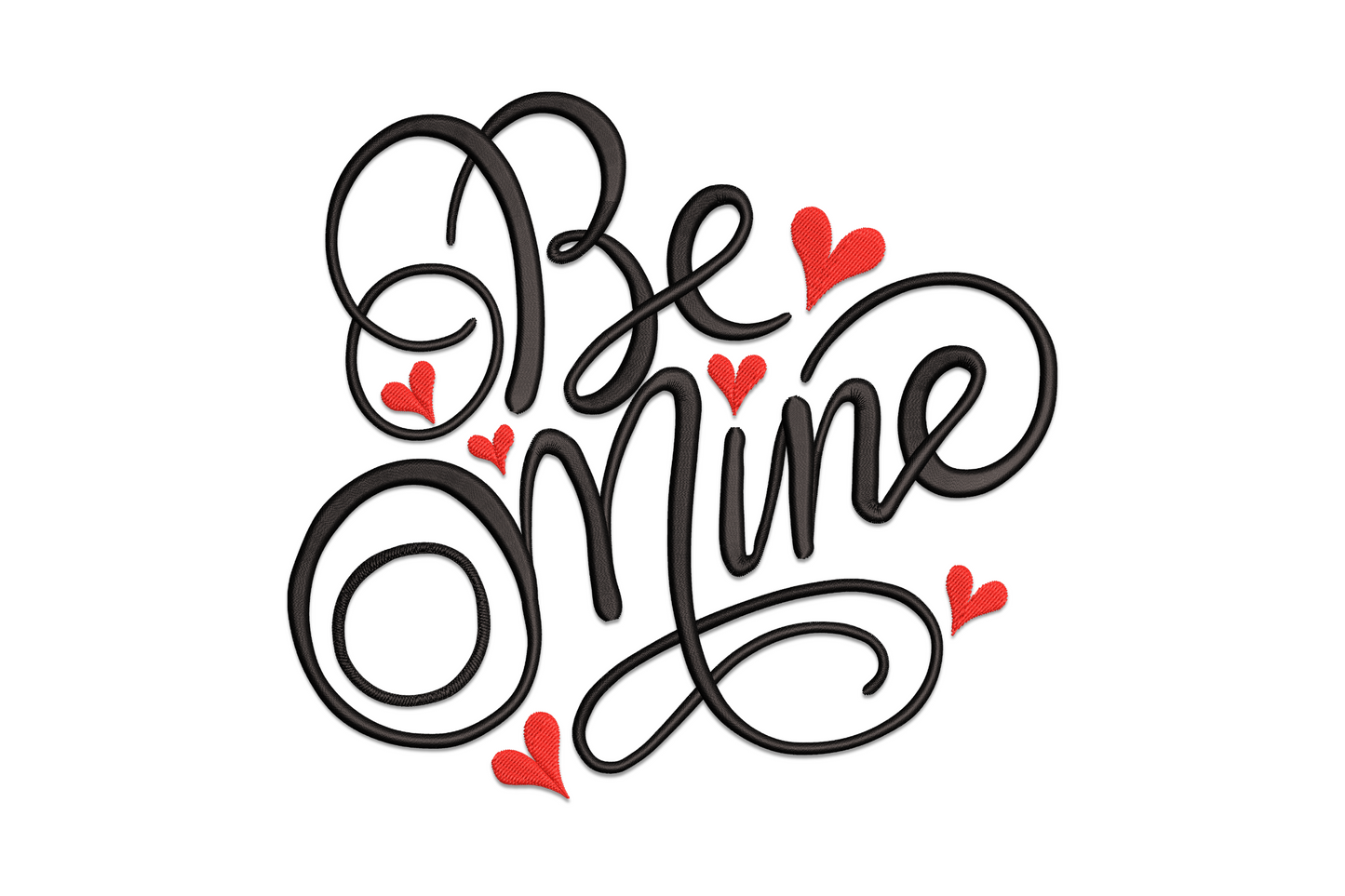 Be Mine Valentine embroidery, chunky red heart with white lettering across centre, 2 colours, valentines love design.