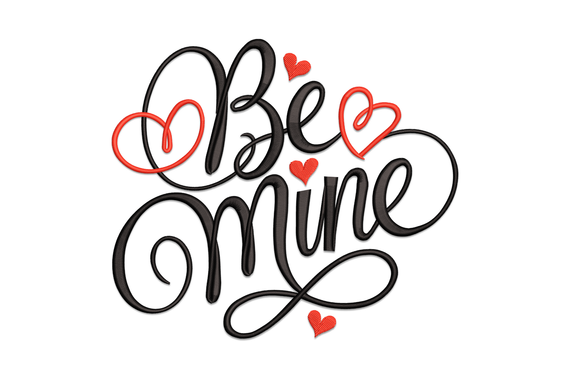 Machine embroidery design of cursive Be Mine valentine script in 2 colors, stacked word layout, romantic typography lettering