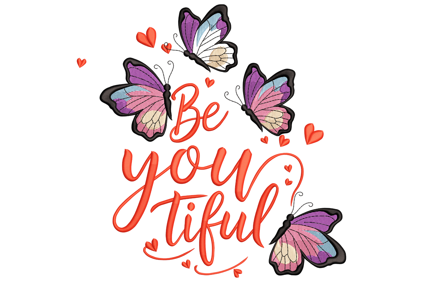 BeYOUtiful butterfly quote in coral red script with three gradient butterflies and tiny hearts scattered around.