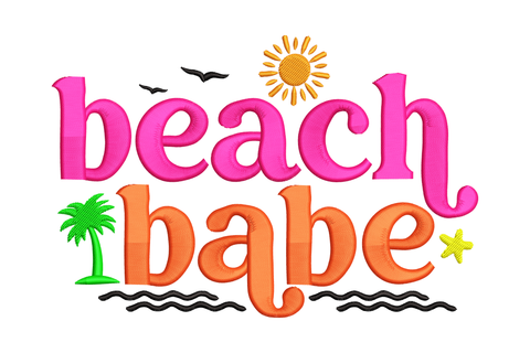 Beach Babe embroidery design with hot pink and orange chunky rounded letters, palm tree, sun, seagulls, and wavy ocean lines