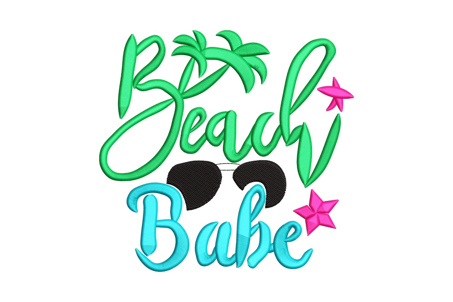 Beach Babe embroidery design with green palm script, black aviator sunglasses with teal lenses and hot pink starfish accents on white.