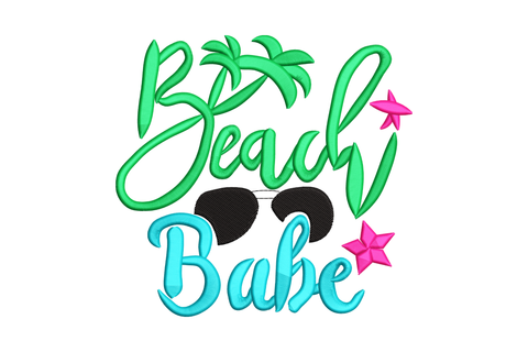 Beach Babe embroidery design with green palm script, black aviator sunglasses with teal lenses and hot pink starfish accents on white.
