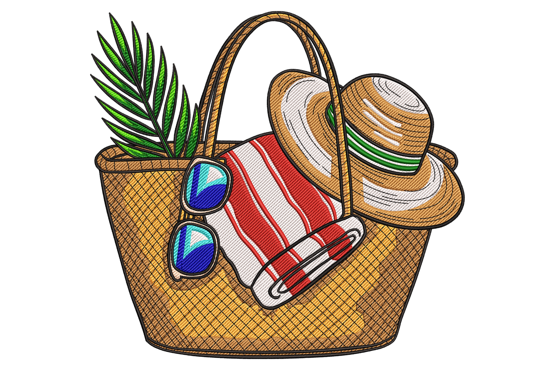 Beach bag embroidery design showing a wicker tote with a palm frond, blue sunglasses, red-striped rolled towel and straw sun hat.