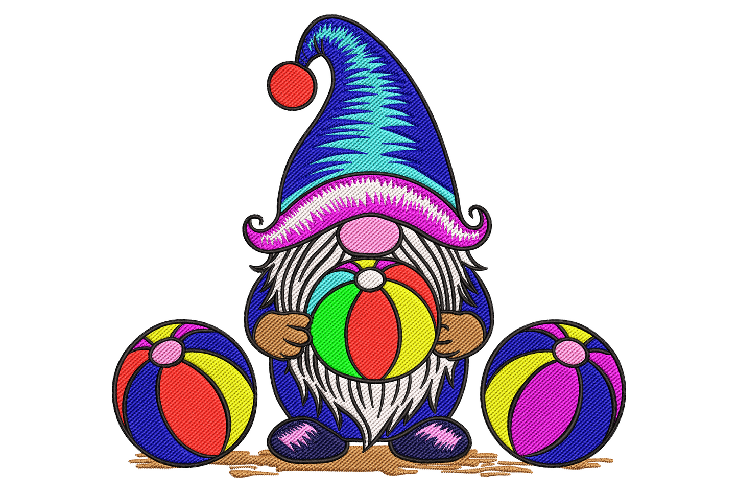 Beach gnome embroidery with blue hat, pink moustache, white beard holding a green orange beach ball with two more balls on the sand.