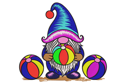 Beach gnome embroidery with blue hat, pink moustache, white beard holding a green orange beach ball with two more balls on the sand.