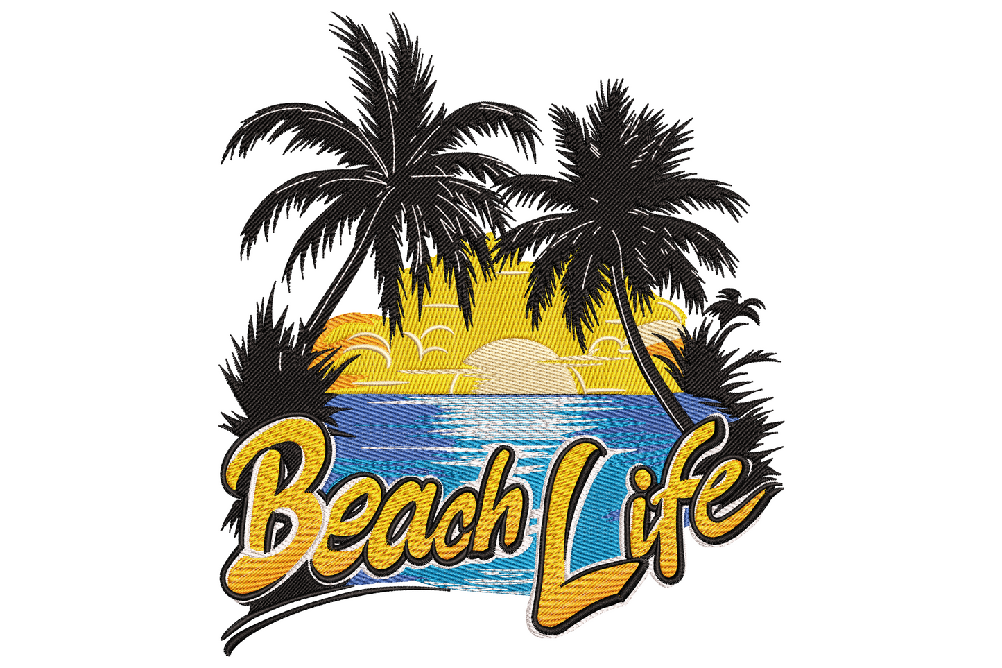 Vertical beach scene with leaning palm tree, peach sunset, dusty teal ocean line, and sandy foreground under Beach Life hand-lettered orange script, mid-century travel postcard style.