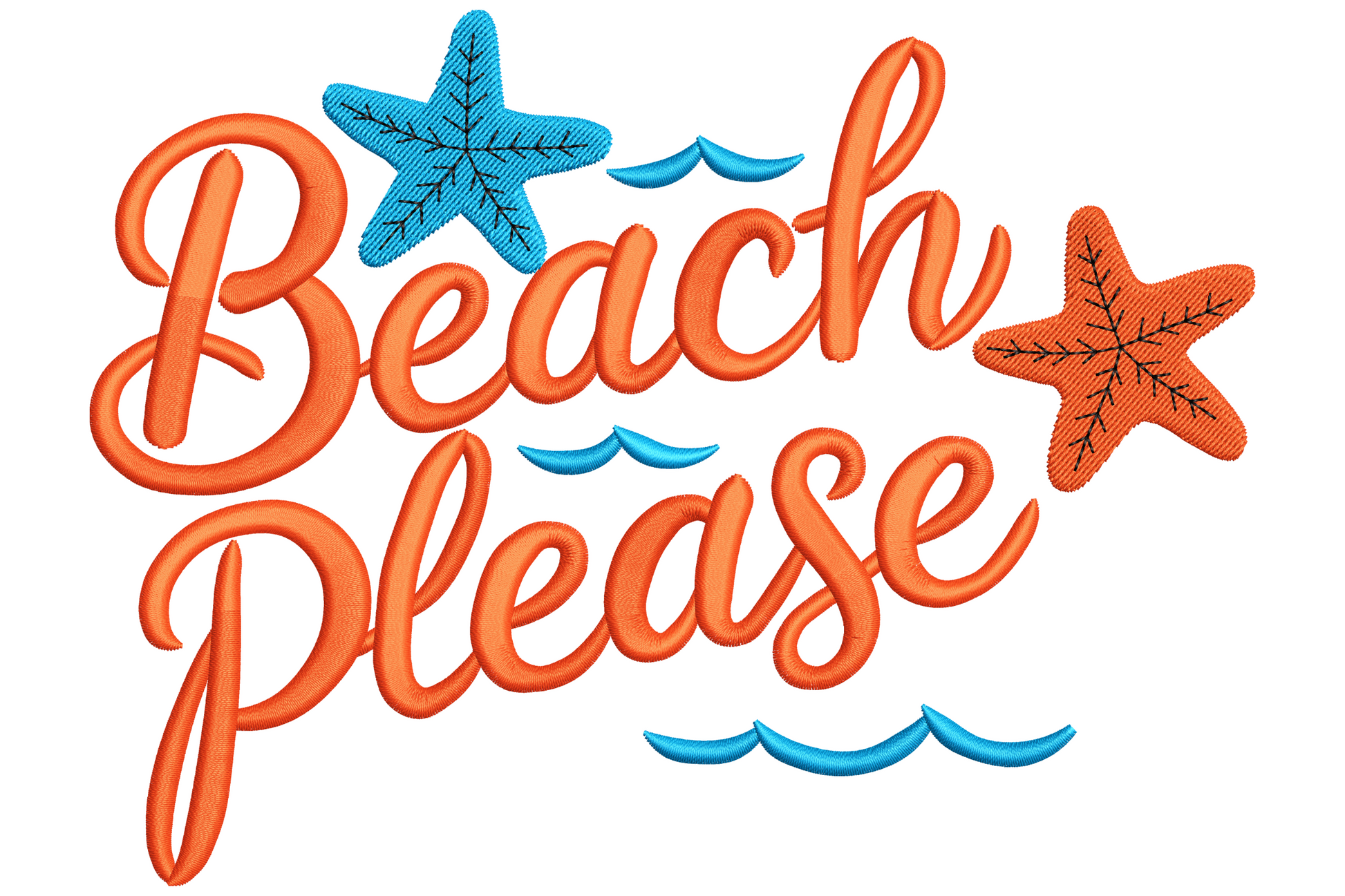 Beach Please script lettering embroidery in coral orange with two cyan starfish and small wave curls.
